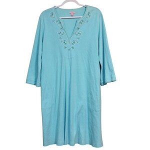 Lilly Pulitzer Tunic Dress Large Blue Embroidered 100% Cotton Resortwear Beach